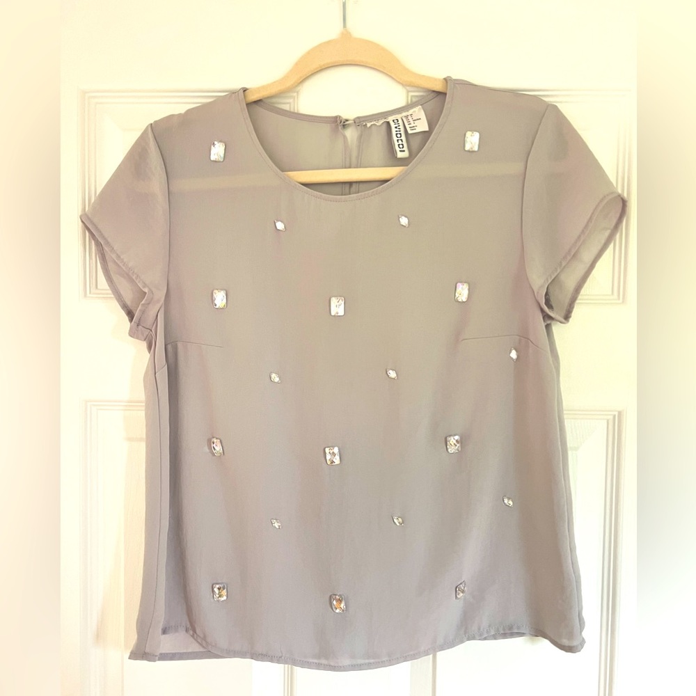 Fun Light Grey Blouse Adorned with Sparkly Jewels